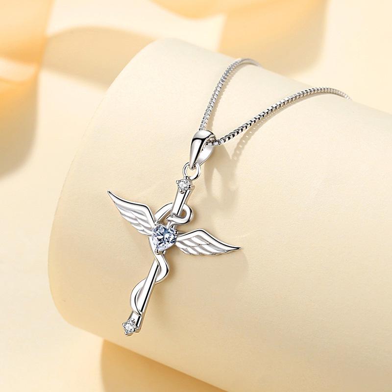 Sterling Silver S925 Cross-Woven Angel Wings Zircon Pendant - Fashion Jewelry