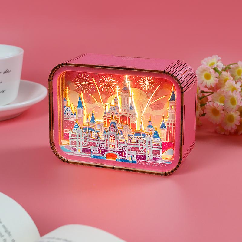 Factory Pink Romantic Ambiance Diy Assembled Model Cute Wooden Carved Lamp Wooden Night Light Customization