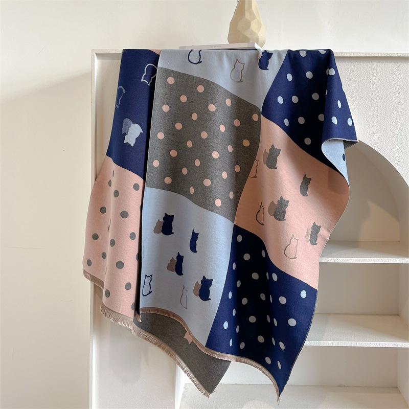 Color matching kitten polka dot cashmere scarf women's high-end new fashion autumn and winter warm scarf fleece cold-proof shawl