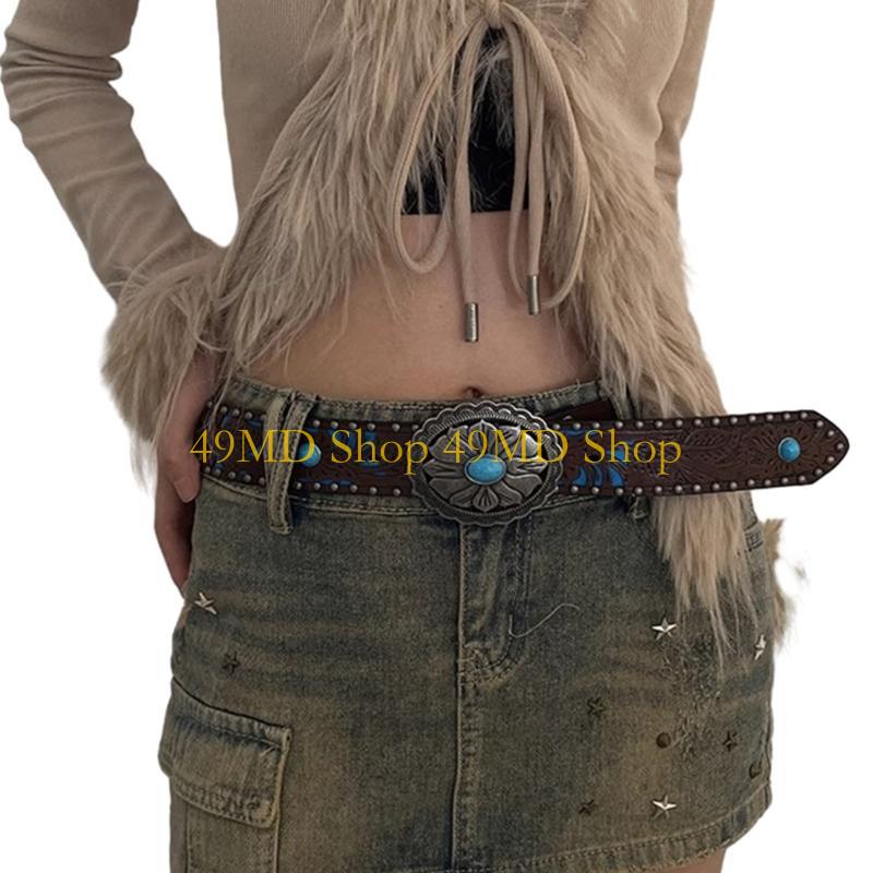 49MD Girl Waist Belt Aesthetic Jeans Belt Bohemian Belt with Turquoise Buckle