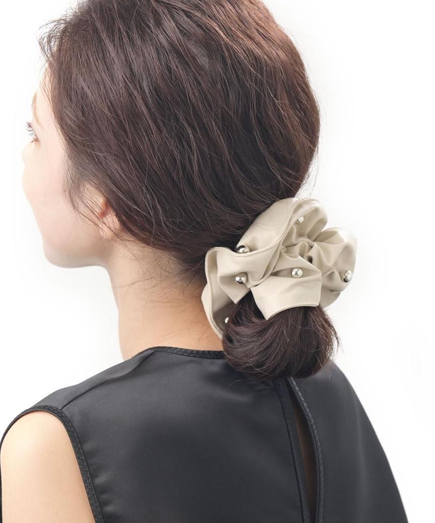 VINGTAINE Faux Leather Scrunchie with Metal Simple Hair and Casual for Adults Ball, Voluminous, Accessory, Cute, Stylish, (HS-197-IV)
