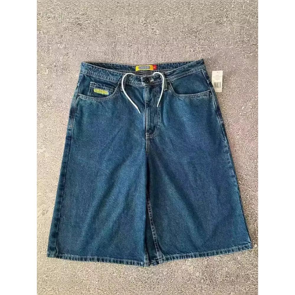 RogueWave Street Jeans Nowa Moda Oversize Haft Luźne Szorty Jeansowe Męskie Y2K Harajuku Retro Popularne Casualowe Szorty z Wysokim Stanem Spodnie