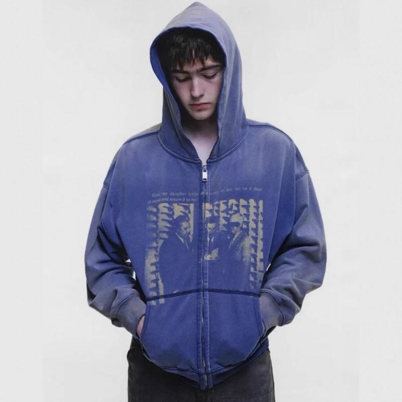 Mens Oversized Gradient Purple Washed Distressed Hooded Zip-Up Sweatshirt Streetwear Winter Casual Top
