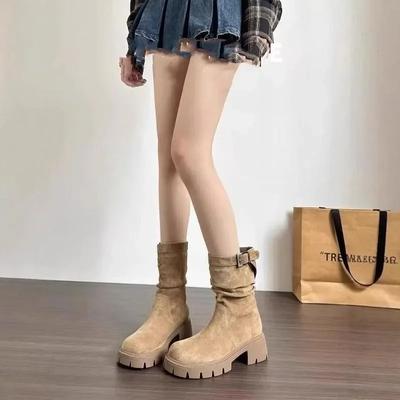Middenhoge hak Platform Ronde neus Dames Halfhoge laarzen in de aanbieding Gyaru Winter 2024 Nieuwigheid Nieuwe trend Pu Dames Middenkuit schoenen
