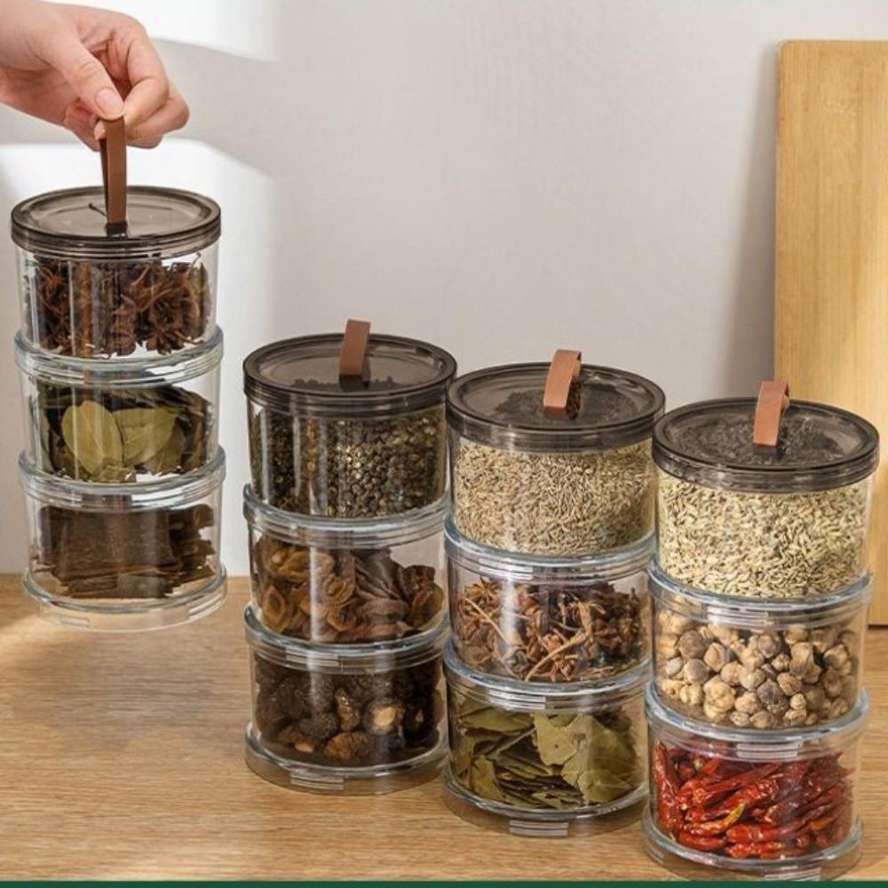 Portable Plastic Spice Storage Box Round Transparent Airtight Jar Stackable Multi-Layer Food Container Coffee Beans
