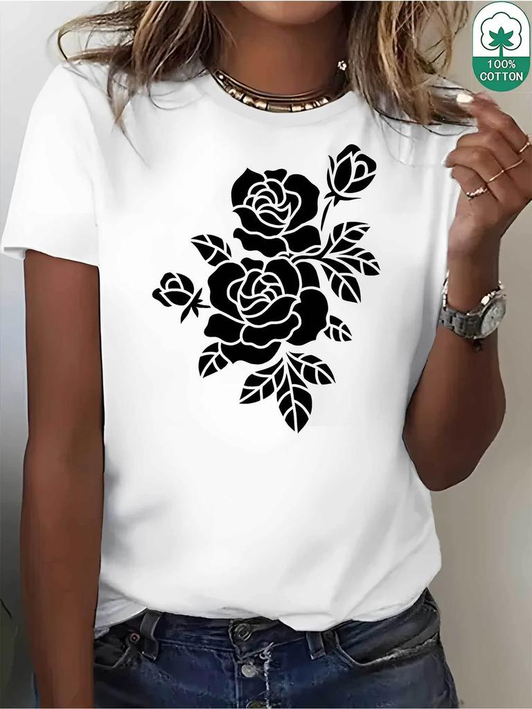 Camisetas cómodas de verano para mujer manga corta cuello redondoestampado de rosas blancas y negras ropa informal de