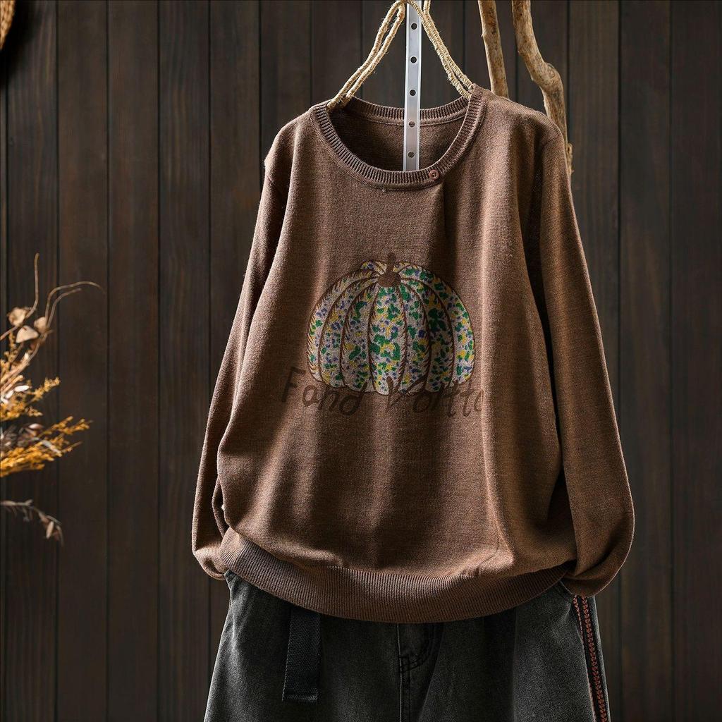 2026 Autumn Women's Pumpkin Print Knit Sweater: Age-Reducing Versatile Round Neck, Long Sleeve Top