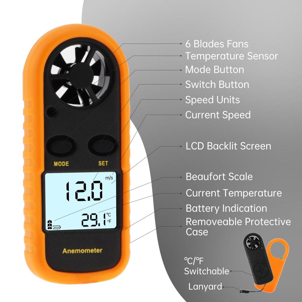 Smgda Digital Anemometer with Wind Speed and 5 Wind Speed Yellow Direction, 0-30m/s, Units, Backlight,