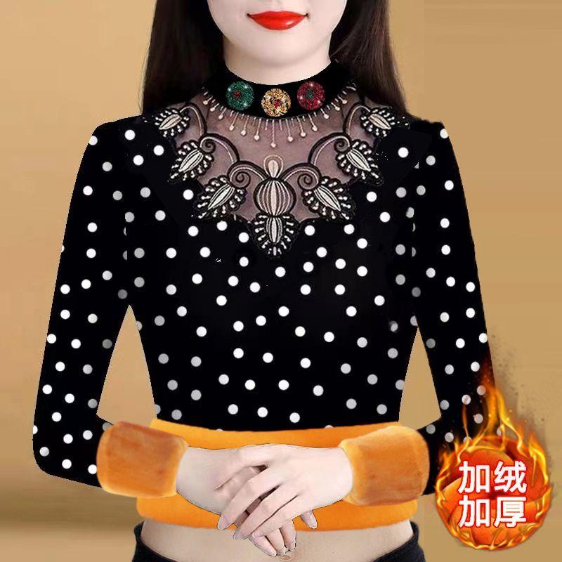 

Осень-зима, утолщенная бархатная майка, женская кружевная футболка с длинными рукавами и принтом, облегающая теплая пуловер, эластичная нижняя рубашка 4XL