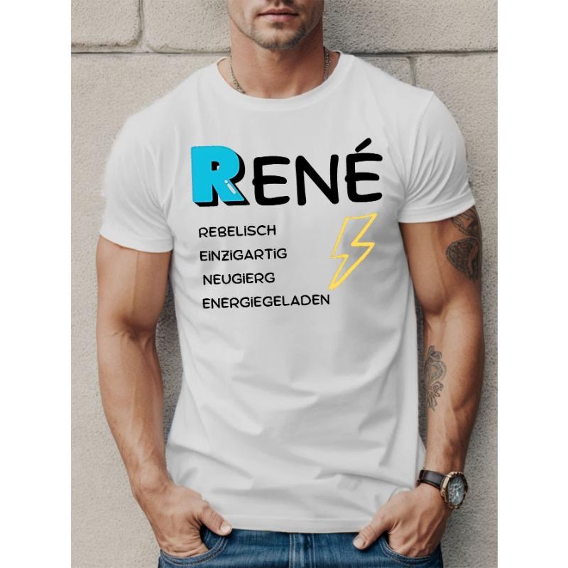 

European sizes Fun German RENE Men s Graphic Short Sleeve T-Shirt - Bold RENE & Lightning Bolt Design, Geometric Pattern 4XL білий