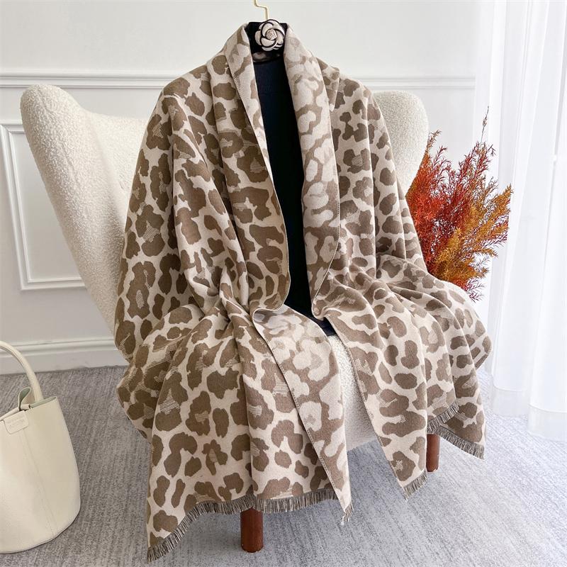 Tassel Blanket Leopard Print Thick Jacquard Pashmina Winter Warm Shawl Wrap Cashmere Scarf Women Neckerchief Poncho Stoles