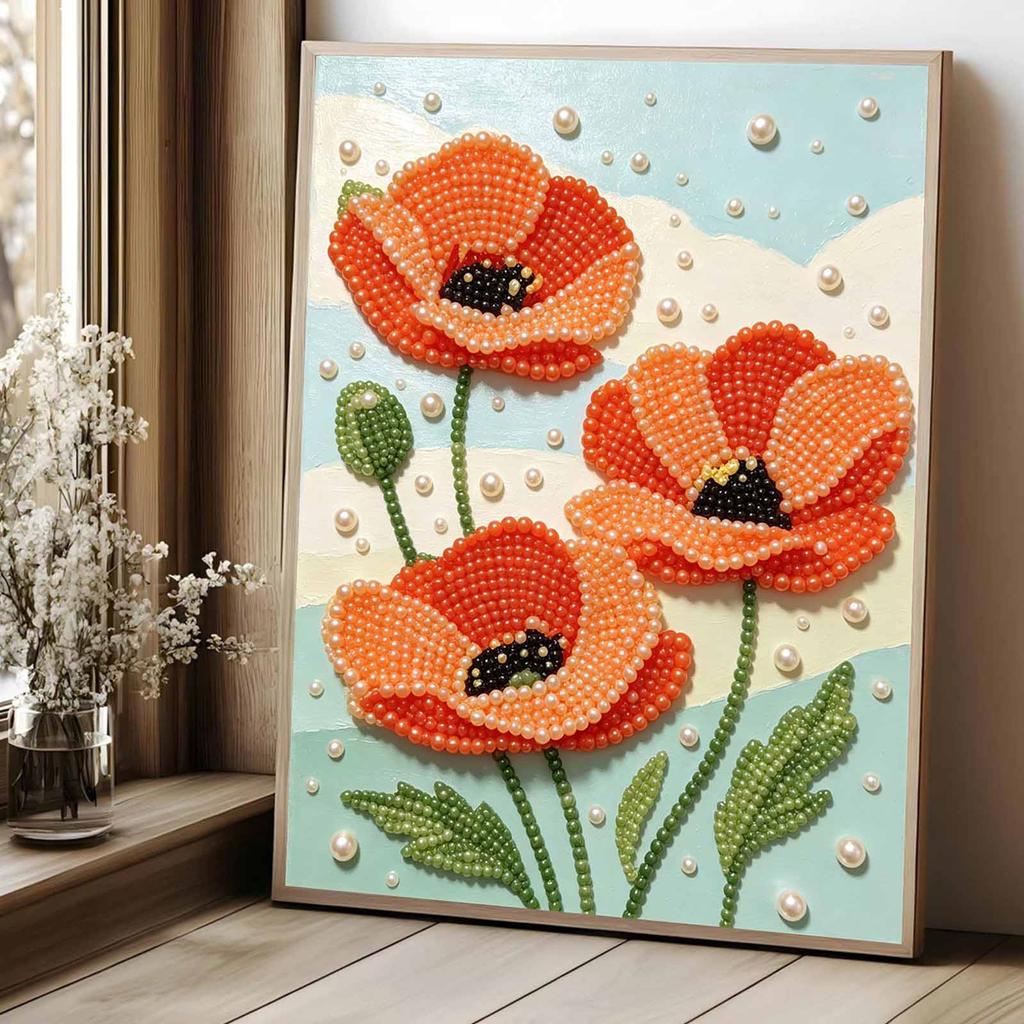 Elegant Framed Pearl Art DIY Set with Vibrant Poppy Flower 5D Sparkling Bead Canvas Painting Ready to Display Romantic Home Decor Gift