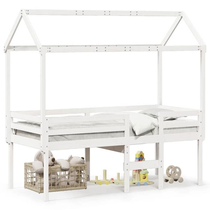 VidaXL Lit haut avec toit blanc 90x200 cm bois de pin massif, lit, cadre de lit, lit mezzanine, meuble de chambre à coucher, 3282133