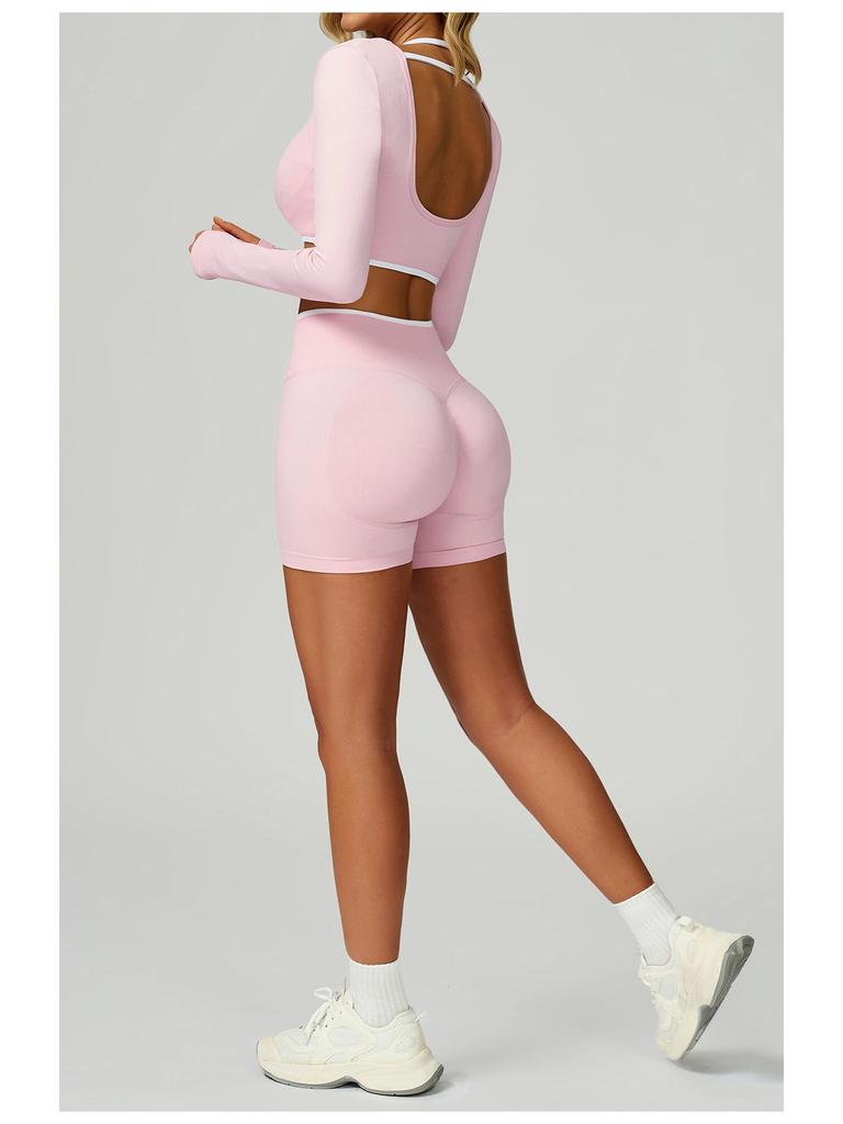 Sömlös Color Block Tvådelad Långärmad Cropped Yoga T-shirt för Löpning & Fitness