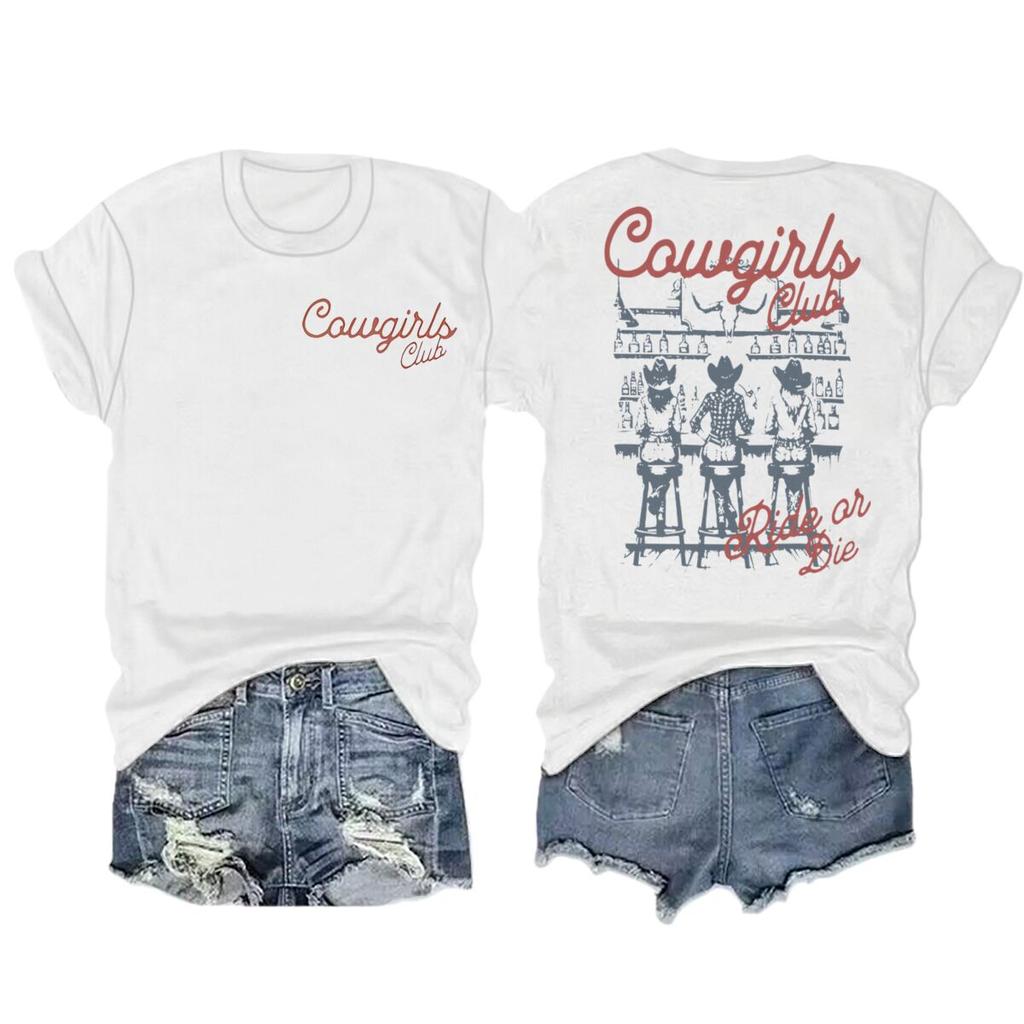 Unisexs Western Cowgirl Club Graphic Tee Casual Crew Neck Short Sleeve Tshirt With Cowgirl Letter Design Streetwear Female Tops