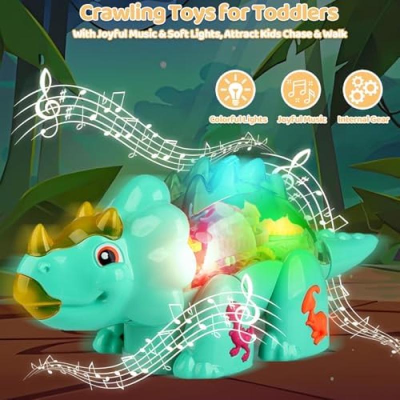 Dinosaur Crawling Toy with Music and Lights, Triceratops Baby Toy for 1-3 Year Olds, Sensory Gift for 6-12 Months Boys Girls, Birthday Present