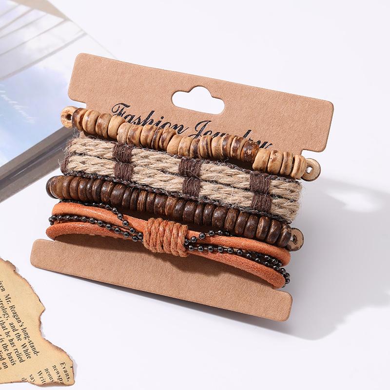 Simple Retro Suit Bracelet DIY Woven Cowhide Bracelet Coconut Shell Bracelet Men's Hemp Rope Genuine Leather Bracelet