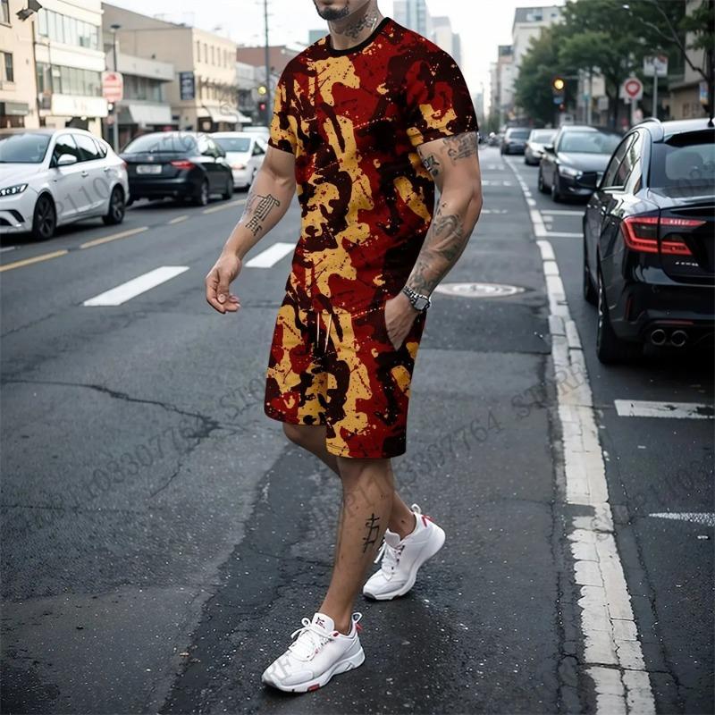 

Men T-shirt Sets Tactical Camouflage 3d Print T-shirt+Shorts 2Pcs Set Outdoor Camo 5XL