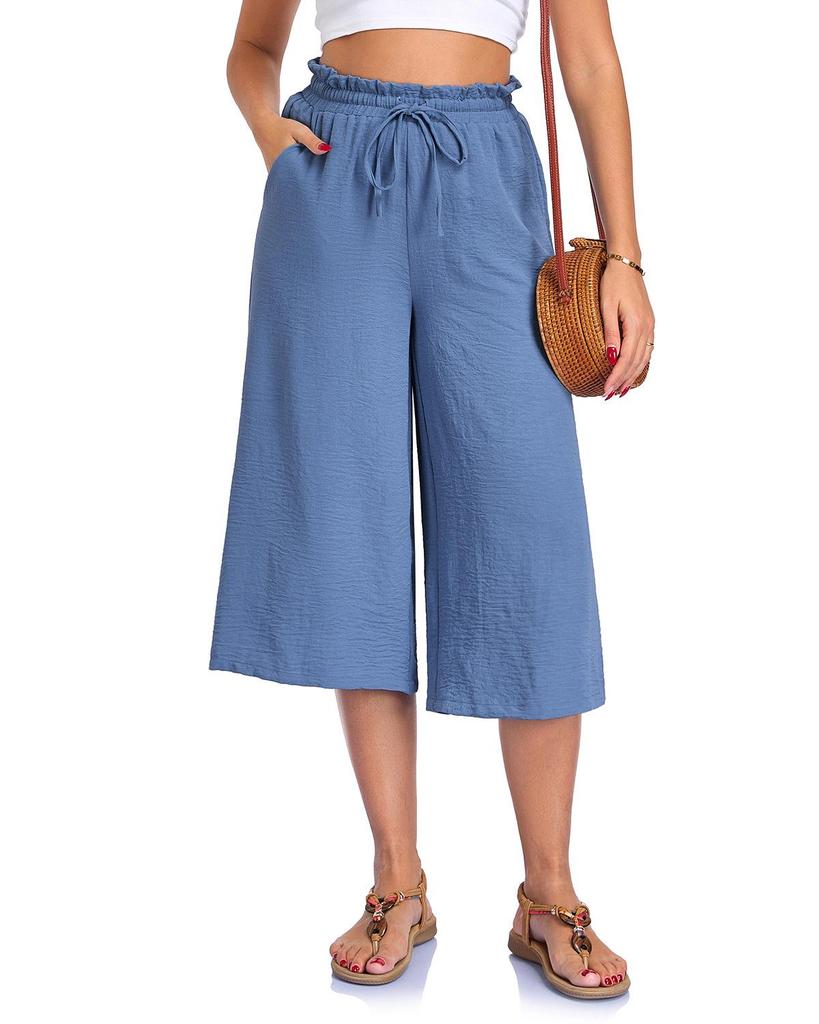 Women's Solid Color Wide-Leg Cropped Pants with Elastic Waistband and Pockets