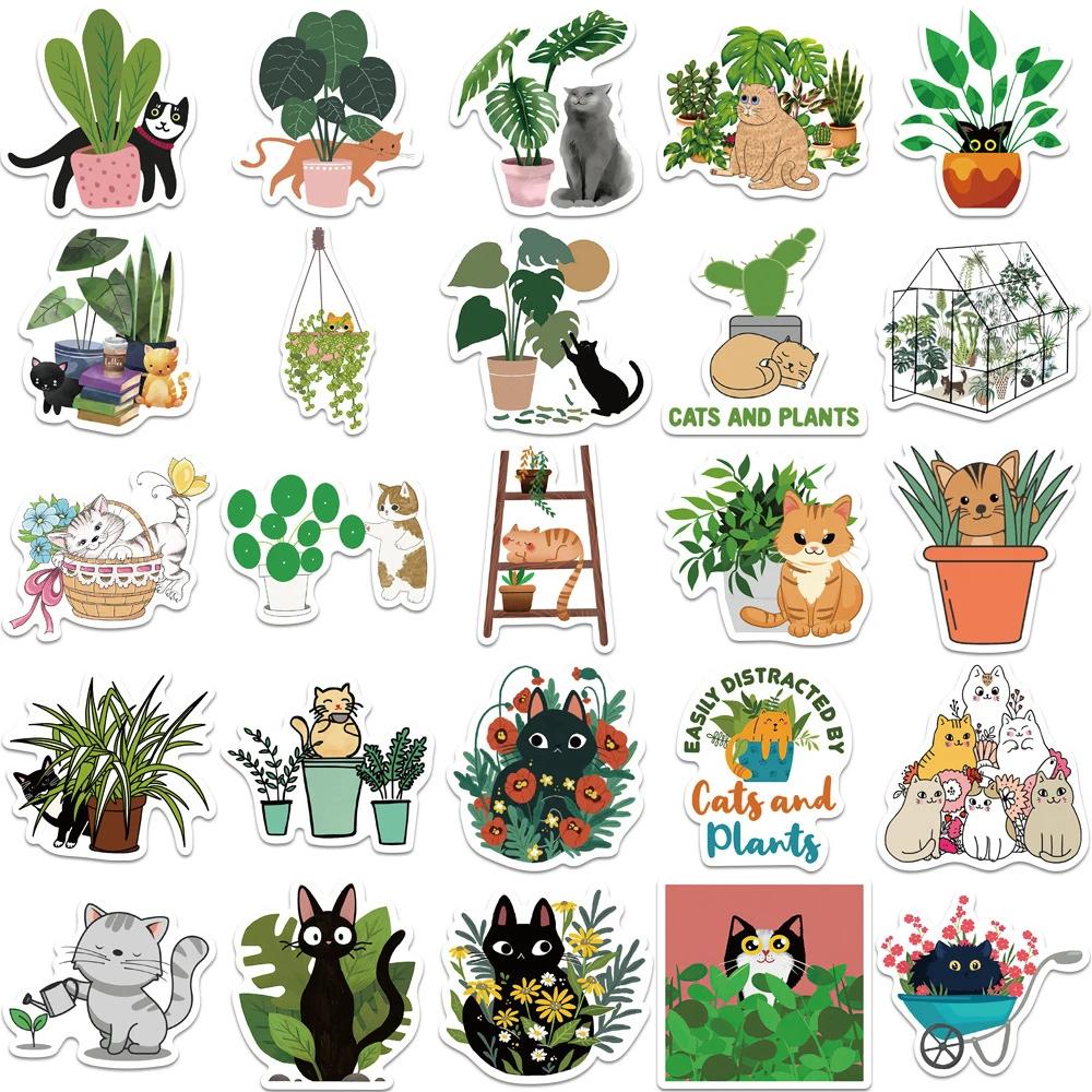50Pcs Creative Plant And Cat Stickers Cartoon Pvc Decal Funny Diy Toy Decoration Phone Suitcase Laptop Fridge Cute Sticker