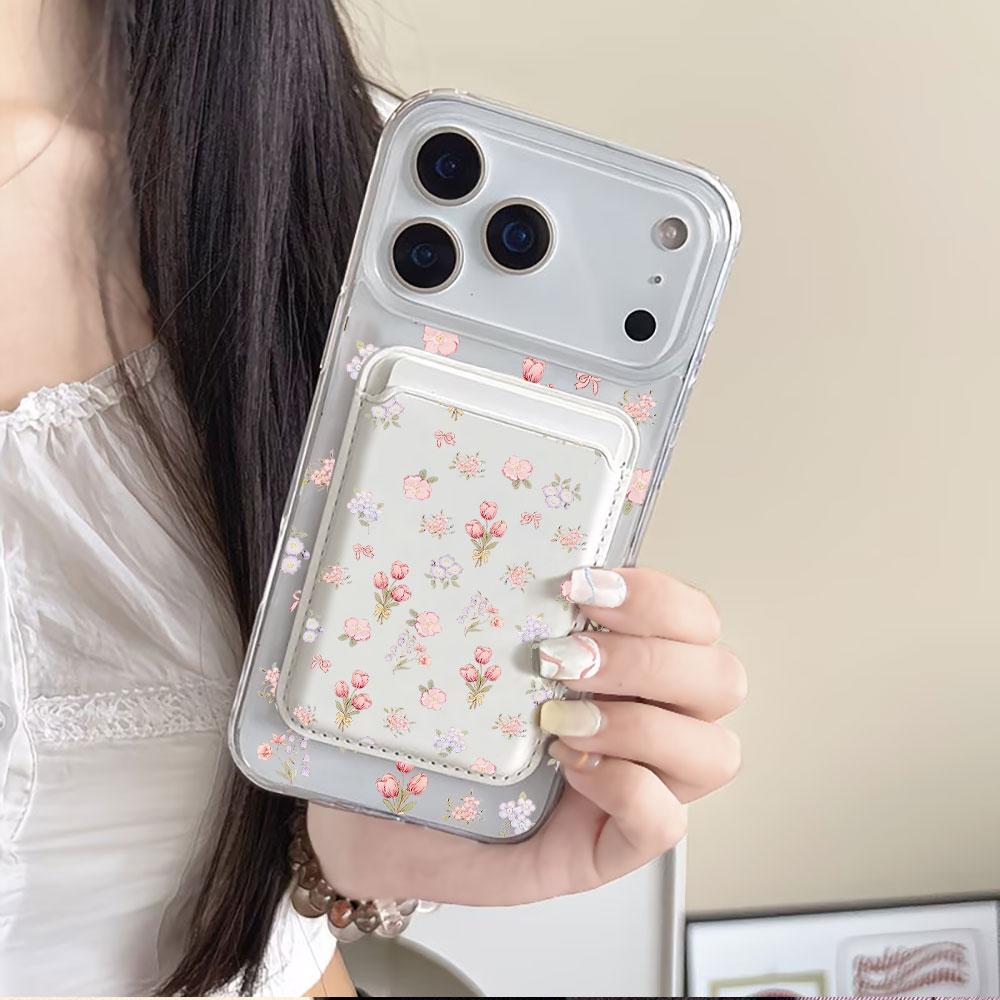 Full screen Pink Floral fragments For Magsafe wallet Magnetic Card holder Phone Case For iPhone 16 13 15 14 17 Pro Max 16E Cover