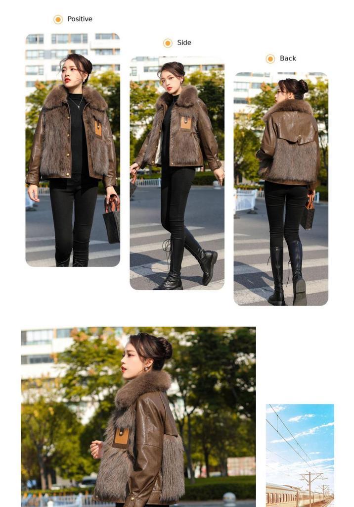Women's Fashionable Faux Fur & Leather Jacket with Cotton Lining