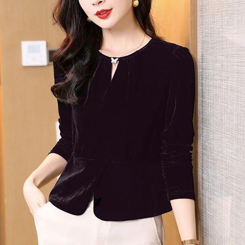 Gold Velvet Top Women Autumn Winter New Bottoming Shirt Fashionable Versatile Long-sleeved Round Neck Waisted T
