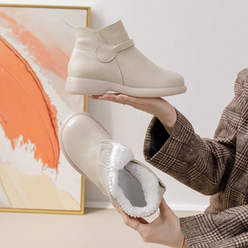 2025 Winter Genuine Leather Shoes Women Ankle Boots Warm Plush Soft Brand Ladies Snow Boots Big Size 41 Beige Black