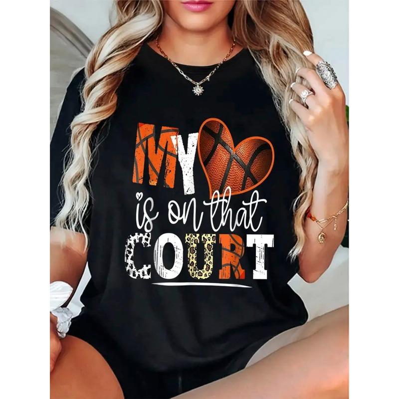 

European Size Plus Size, Women s Plus Size Basketball T-Shirt - MY is on that COURT Slogan with Heart&Leopard Print Basketballs -Round Neck 4XL чорний