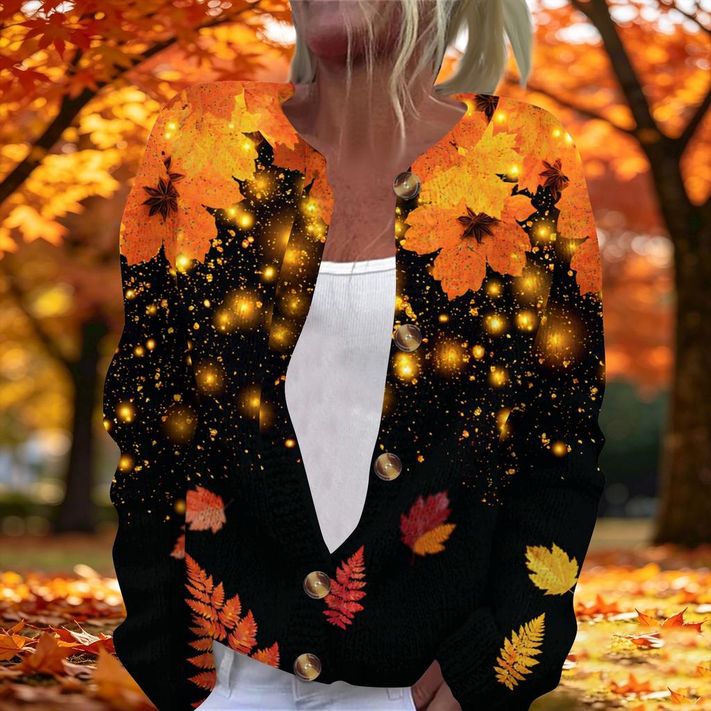 Women's fashionable maple leaf printed long-sleeved knitted cardigan with buttons