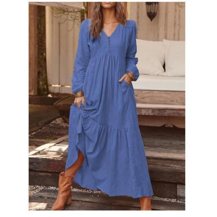 Boho Vintage Womens Maxi Dress Loose Cotton Linen Long Sleeve V Neck Button Down Pocket Dress Femme Robe Fall Winter