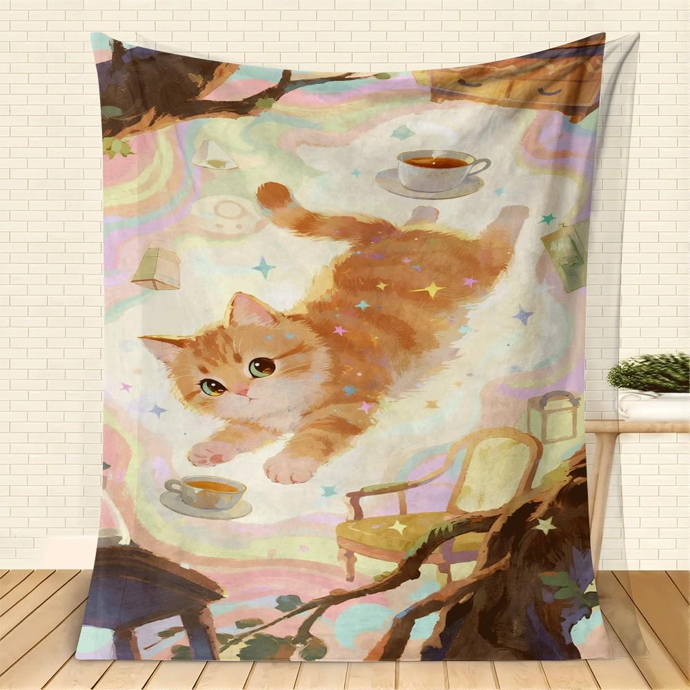Cartoon Cute Cat Pattern Flannel Printed Blanket Suitable for All Seasons Suitable for Living Room Office Sofa and Travel