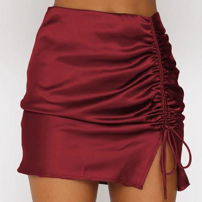 Jupe crayon en Satin taille haute pour femmes, couleur unie, cordon de serrage fendu, paquet de hanche