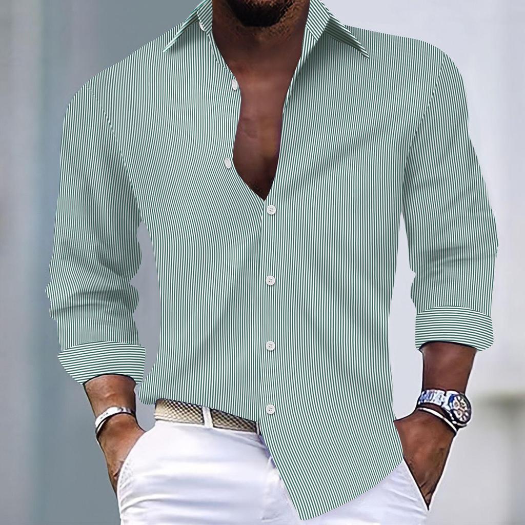 Camicia casual da uomo a righe con revers a maniche lunghe