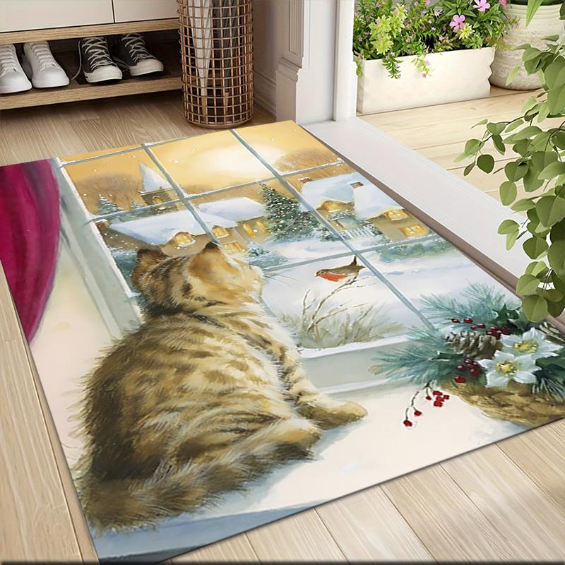 Cat Snowy Scene Carpet Rug Soft Washable Anti Slip Home Living Room Sofa Mats Personalized Christmas Rug
