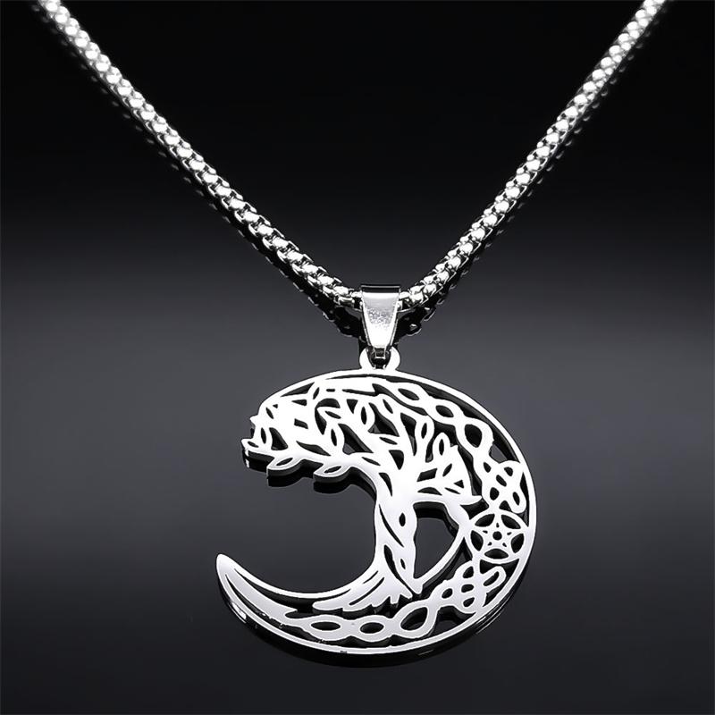 Witch Pentagram Tree Of Life Crescent Moon Necklace Stainless Steel Amulet Protection Star Goddess Necklaces Jewelry collier