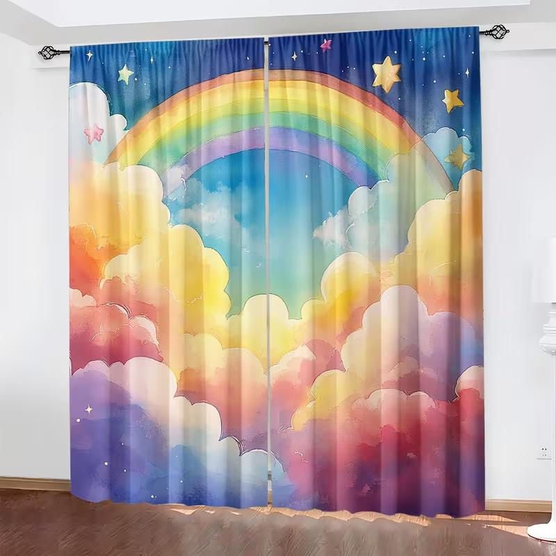 2Pcs Colorful clouds rainbow print curtains,suitable for bedroom,living room kitchen decoration,home decoration,window decor