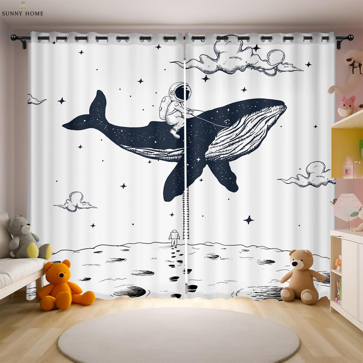 

Мечтательные шторы с мультяшным принтом Вселенной астронавта, детские оконные шторы, легко стирать и ухаживать, украшение для дома, 2 шт. W50xH140(CM)x2PCS&Grommet Top