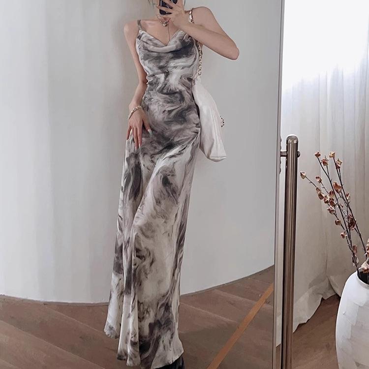 Adjustable Spaghetti Strap Ink Painting Bodycon Fishtail Dress - Chinese Style