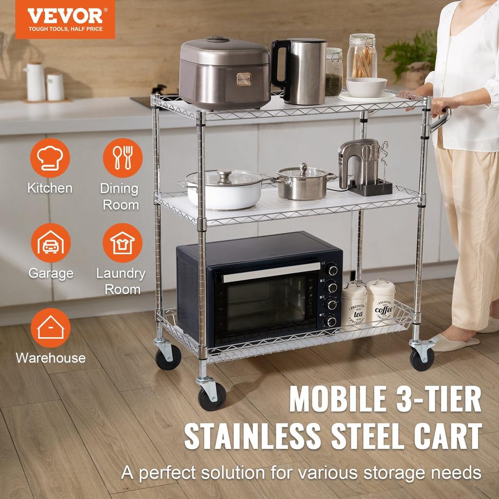 Kitchen Utility Cart, 3 Tiers, Wire Rolling Cart with 661LBS Capacity, Steel Service Cart on Wheels, Metal Storage Trolley with 80mm Basket Curved