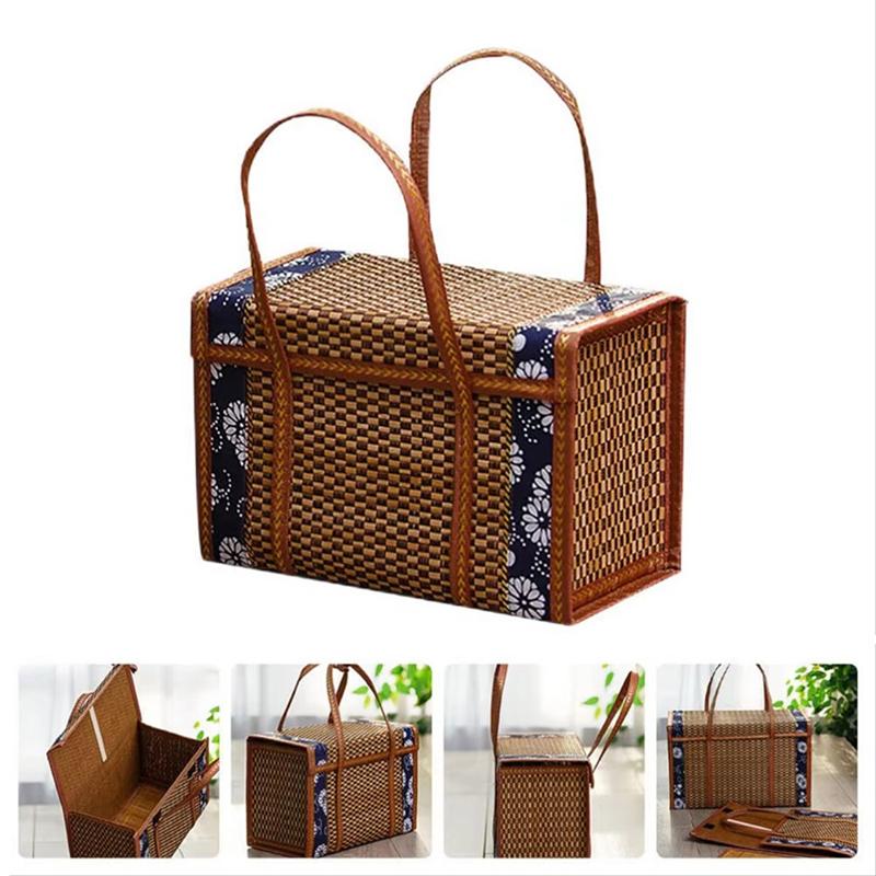 Folding Bamboo Woven Fruit Basket Handheld Handle Fruit Shopping Food Basket Picnic Food Storage Basket For Outdoor