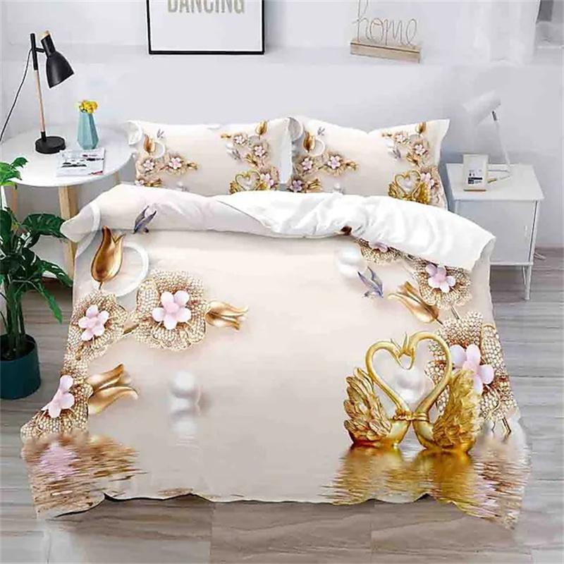 Blumen Bettbezug King Mikrofaser 3D Botanische Blüte Blumen Bettwäsche Set Luxus Geometrisch Schwan Bettdeckenbezug Für Mädchen Teenager