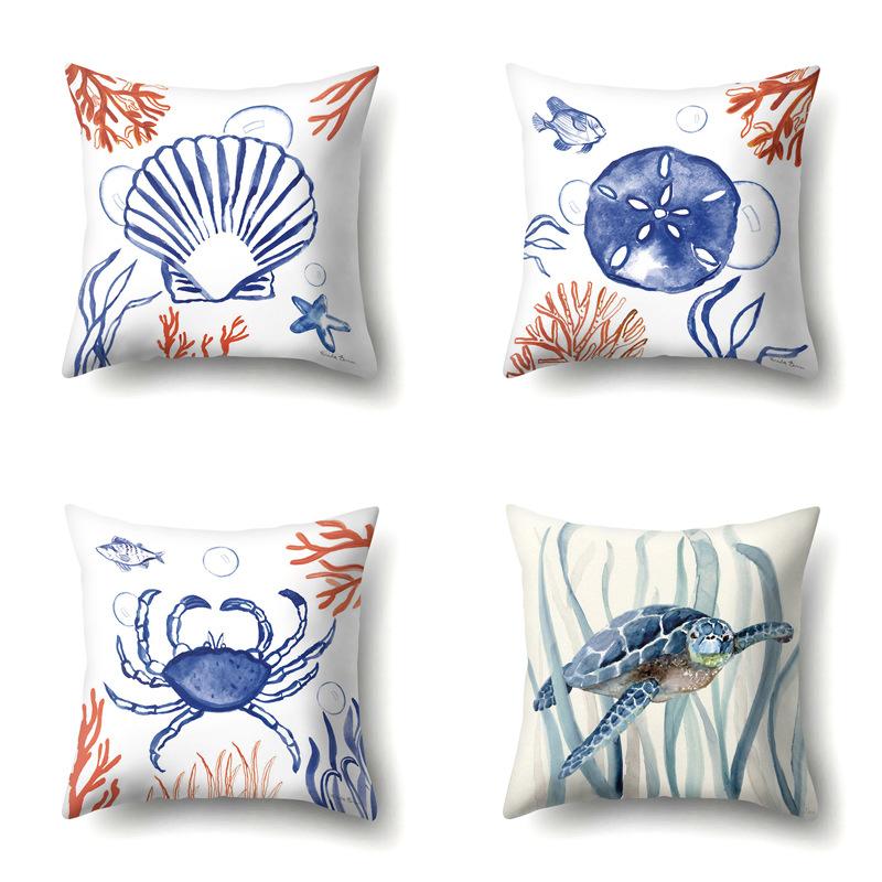 Polyester Pillowcase Peach Leather Velvet Cushion Cover Marine Life Seahorse Octopus Printed Pillow Bedside Cushion Cover
