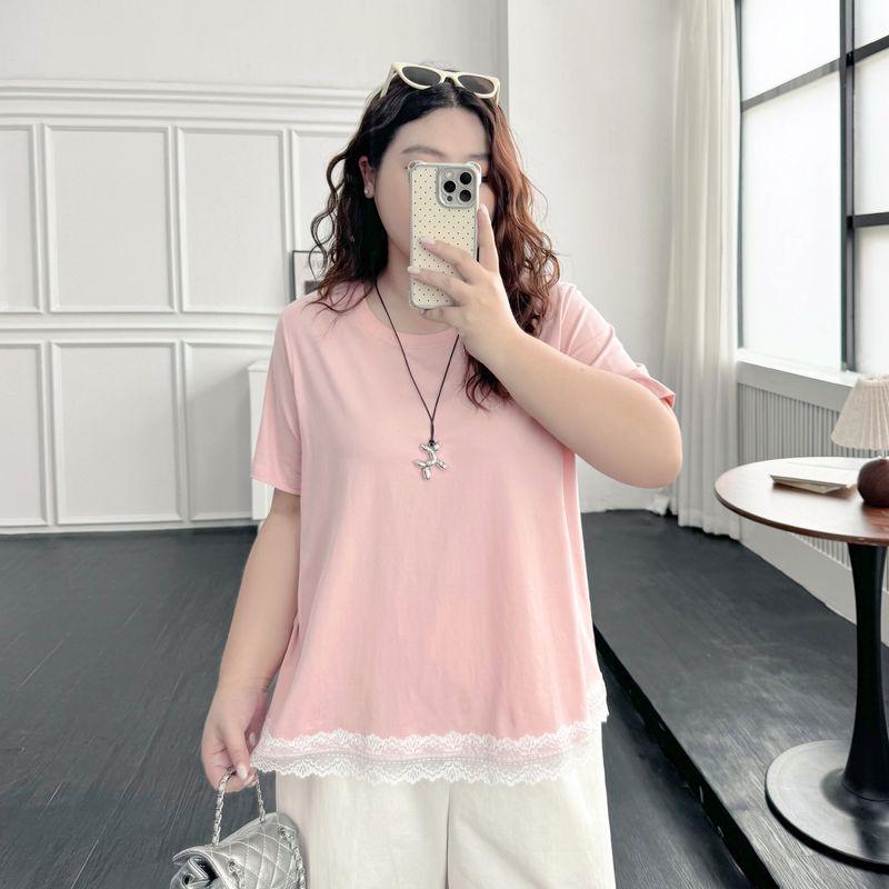 Plus size women clothing [Lace Cool T] Ice Porcelain Cotton Short sleeve T-shirt Chubby Girl Summer 100.00kg Belly Covering Slimming Top