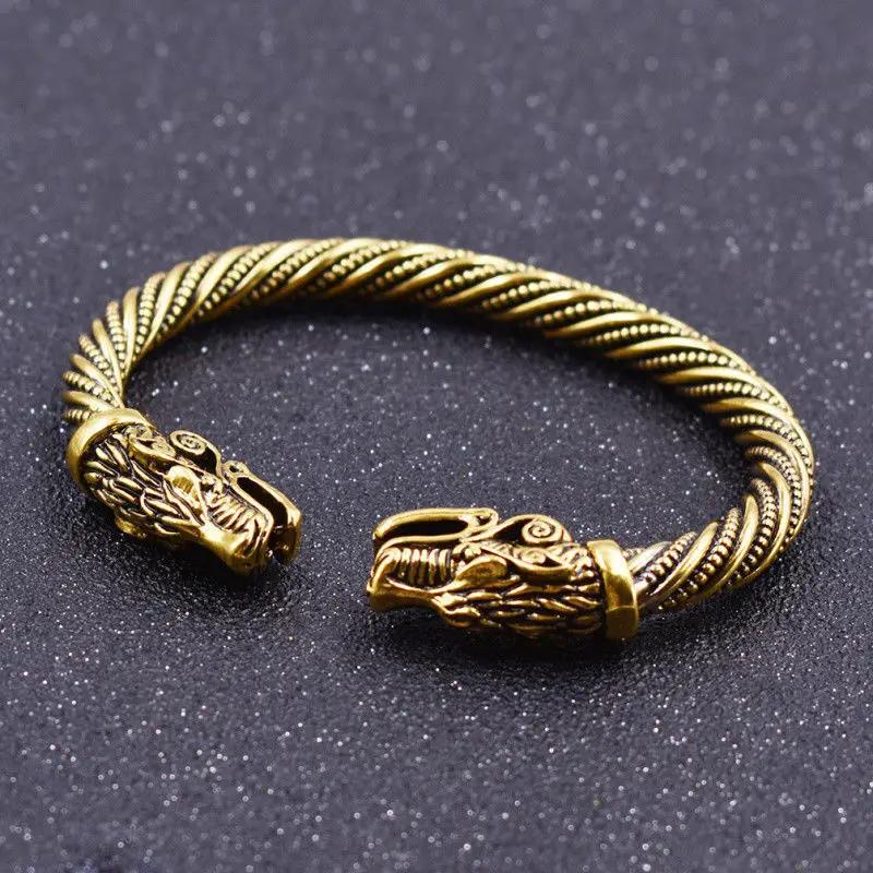 Copper Dragon Head Cuff Bangle Male Female Animal Adjustable Size Hand Arm Jewelry Gold Vintage Silver