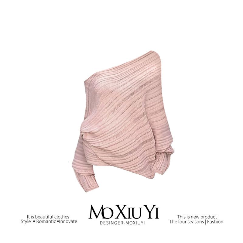 

Mo [In Stock] Peach Pink Nougat Pastry Idle Style Pink Knitwear Women s Design Texture Pullover off-Shoulder Tops Pink S
