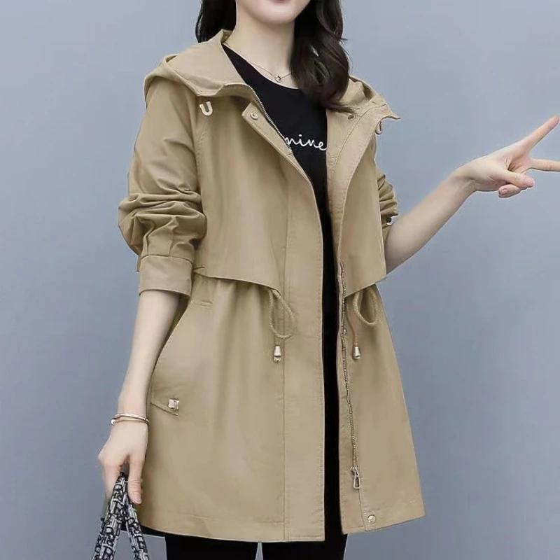 Spring and Autumn Women's Mid-length Trench Coat Hooded Zipper Tie-in Jackets British Style Loose Coats Women's Clothing