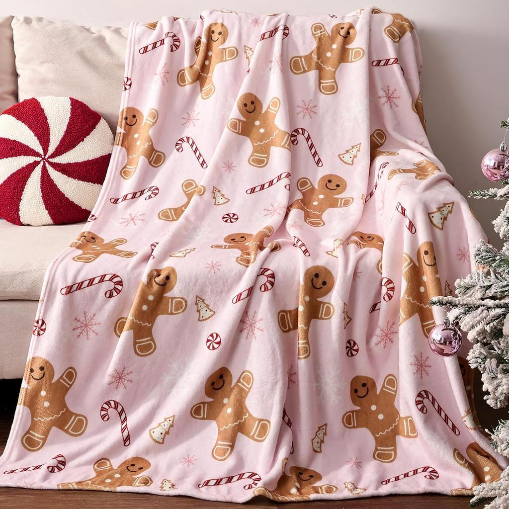 Pink Flannel Gingerbread Man Bed Blanket, Lightweight Cozy Christmas Blanket for Couch Sofa Bed Living Room Home Decor Gifts