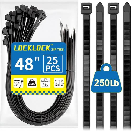 Large Zip Ties Heavy Duty Outdoor 48 inch (25 Pack), Heavy Duty Zip Ties 250 lbs, Black, LOCKLOCK 48  (25 Pack)