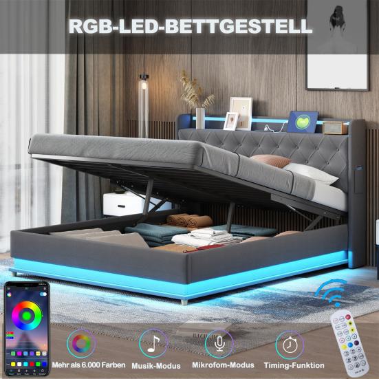 LED Polsterbett 140x200cm mit USB-Ladeanschluss und hydraulischem Stauraum, hautfreundlicher Leinenstoff Grau